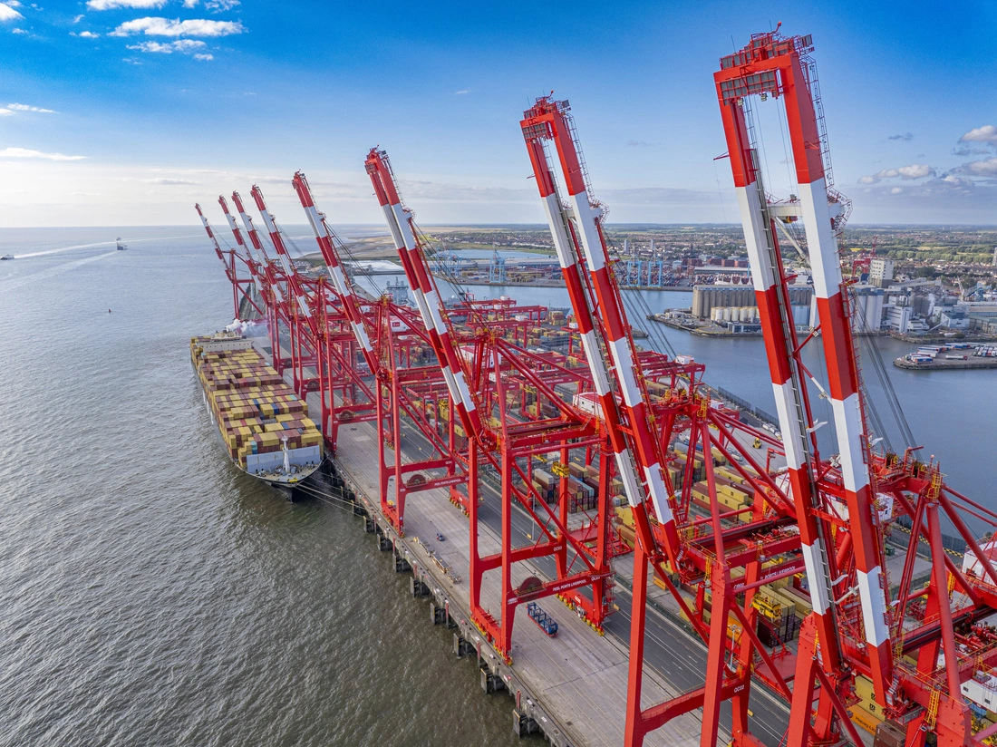 MSC container terminal with quay cranes and shipping containers supporting UK import and export customs clearance services