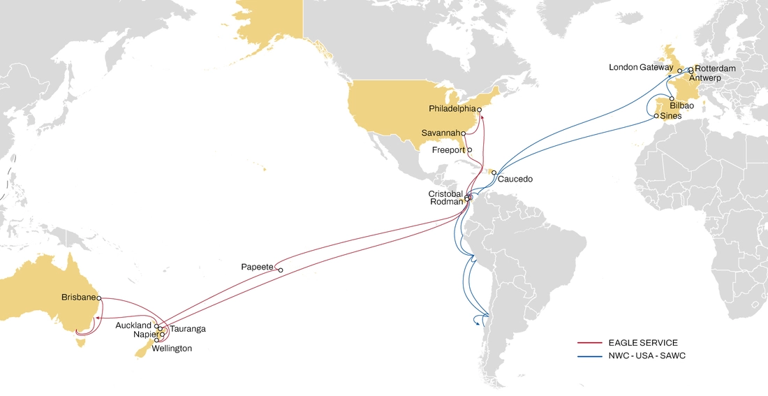 UK to Australia and New Zealand shipping route map showing MSC's Eagle service connecting London Gateway with Auckland, Wellington, Napier, Tauranga and Brisbane via the Rodman transhipment hub in Panama.