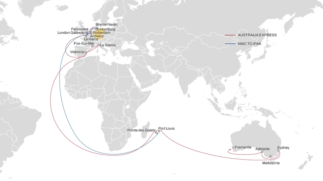 Map Germany to Oceania Australia New Zealand Eastbound